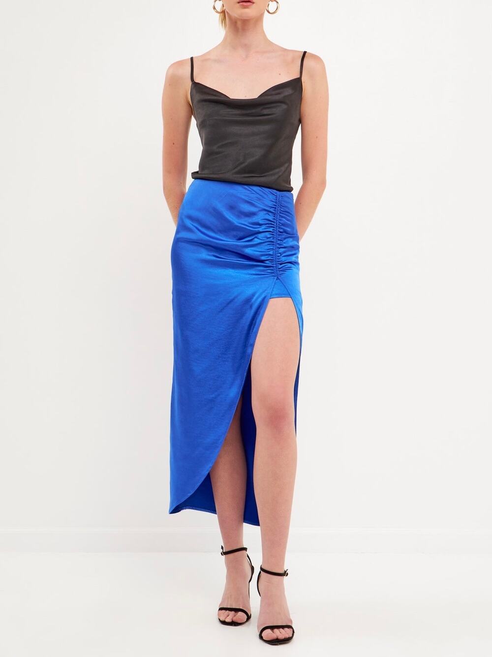 NWT ENDLESS ROSE Blue Satin Finish Front Slit Midi Skirt.  Size M
